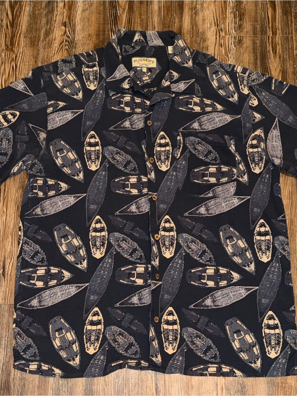 Pusser’s Men’s L 100% Silk Blue Nautical Boat Print Button-Up Camp Shirt